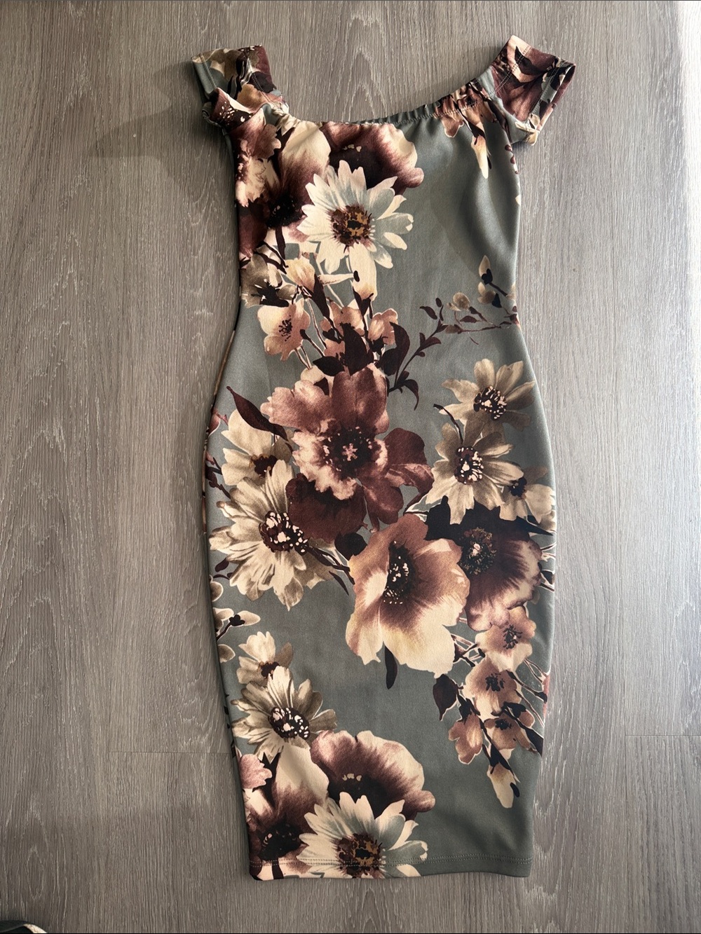 Guess gray floral Midi Dress with Burgundy and Cream Floral Pattern